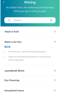 Wash and Fold Pricing page screenshot